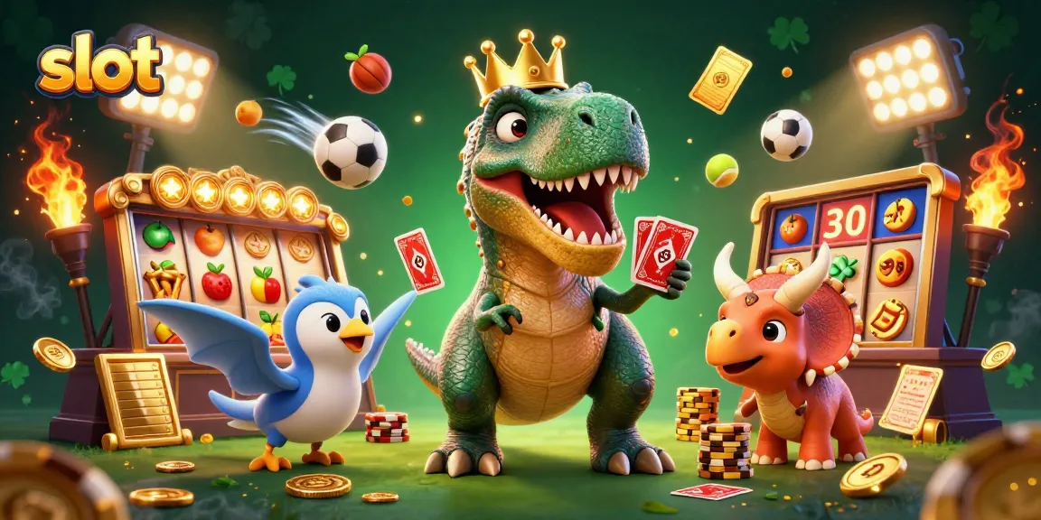 Spin slot reels and enjoy thrilling wins with T-Rex and friends in a vibrant casino scene.
