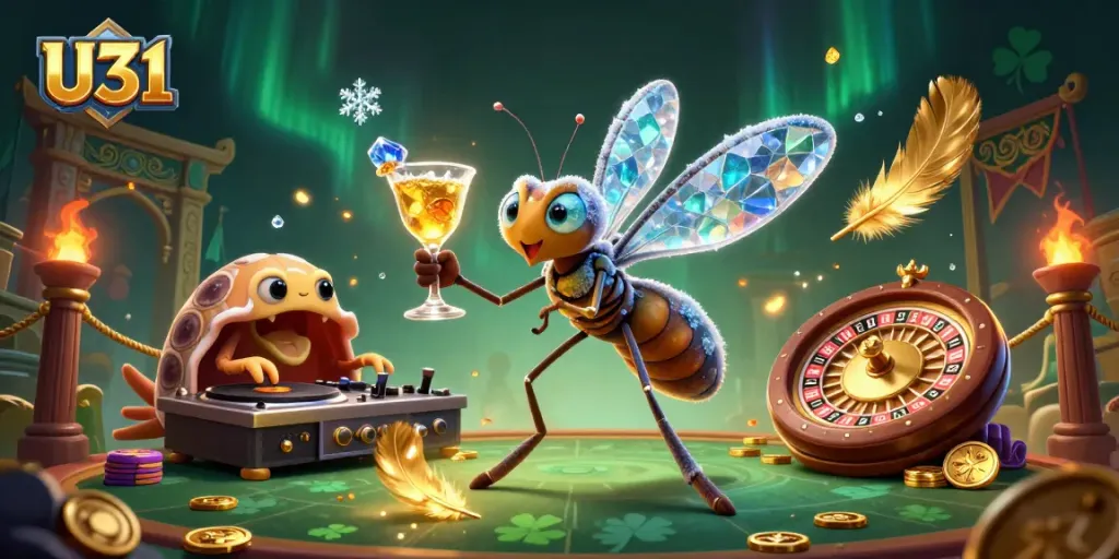Experience the U31 casino excitement with a vibrant 3D scene featuring dynamic elements and gaming action.