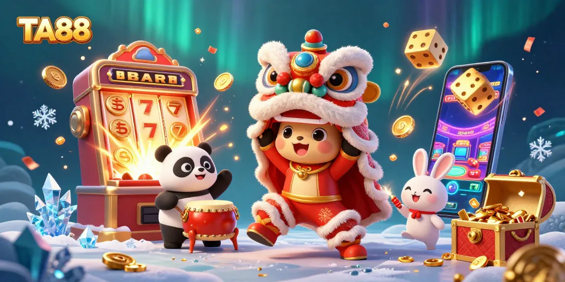 Experience the excitement of TA88 with a colorful scene of playful casino characters and jackpot treasures.