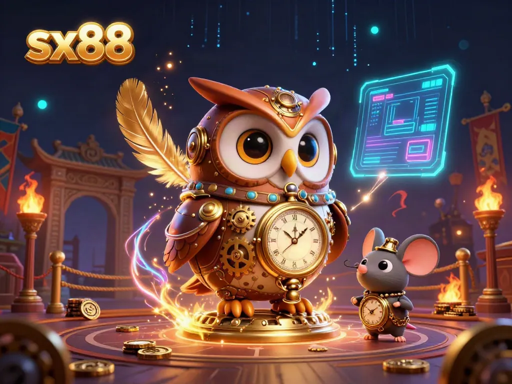 Experience thrilling gameplay at sx88 casino with vibrant owl and mouse in a dynamic steampunk scene.