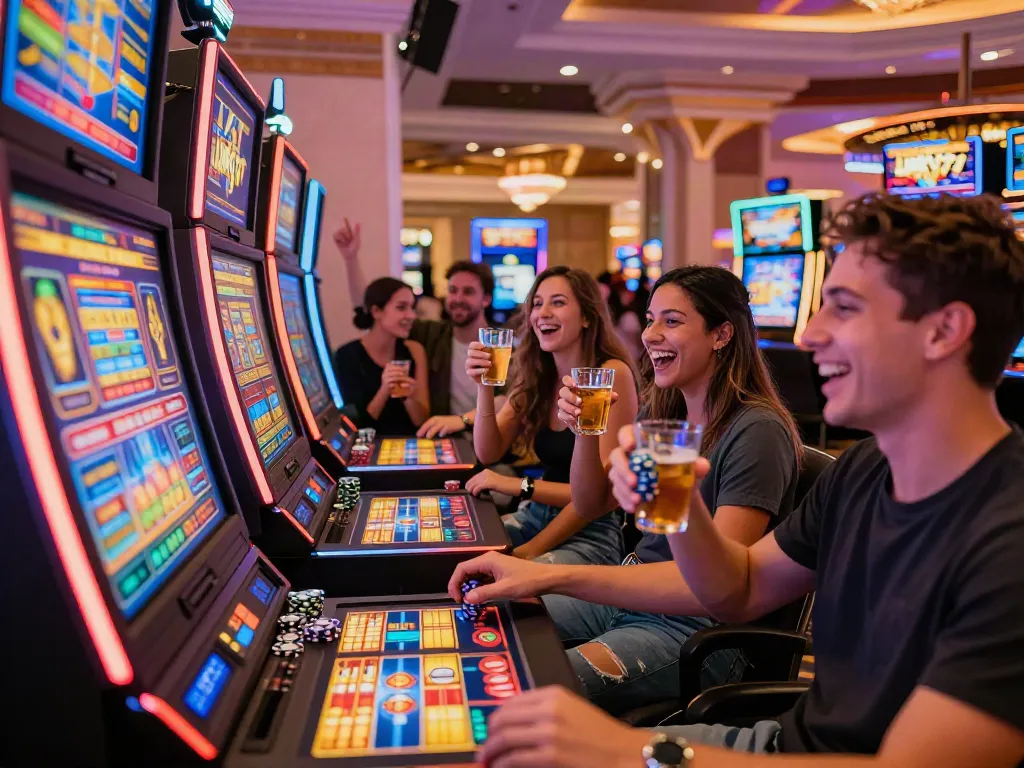 Casino gaming scene celebrating Lucky777 wins with friends and vibrant slot machines.