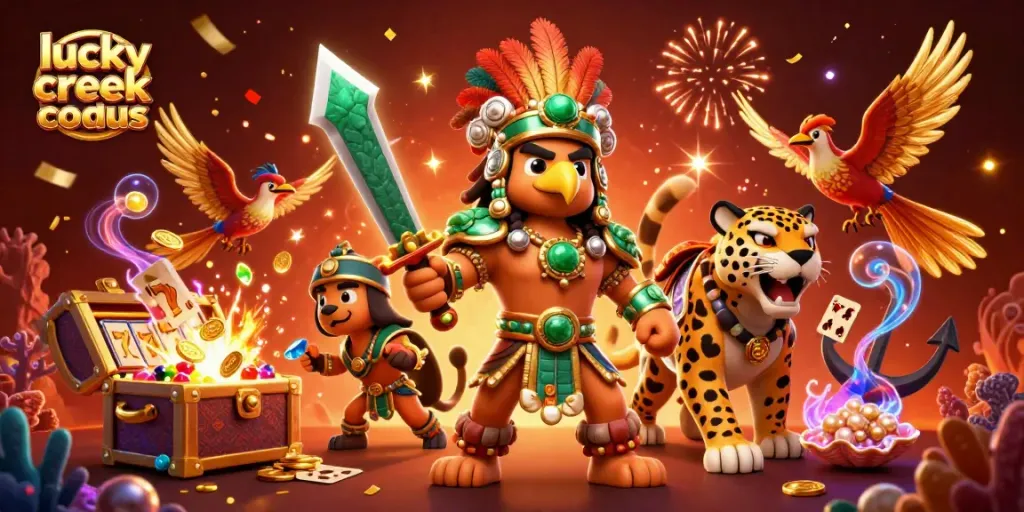 Win big with Lucky Creek bonus codes featured in a vibrant casino scene with Aztec warriors.