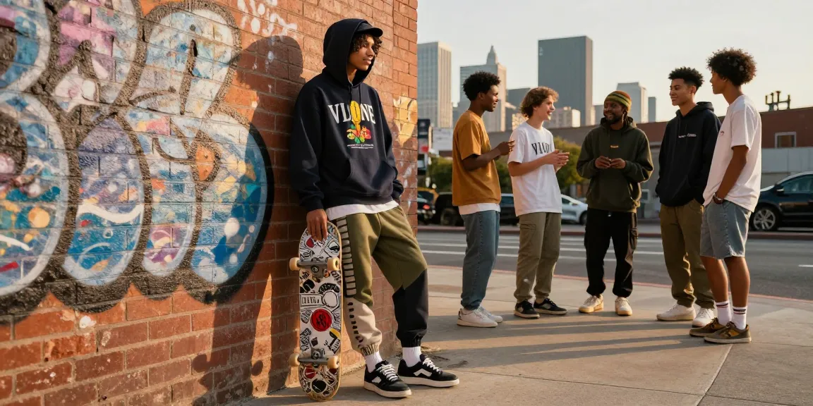 Vlone hoodie worn by model in urban setting showcasing vibrant streetwear culture.