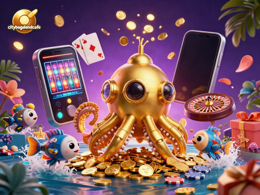 Gambarkan petualangan kasino di citybagelandcafe dengan simbol slot berputar dan ikan mekanis.