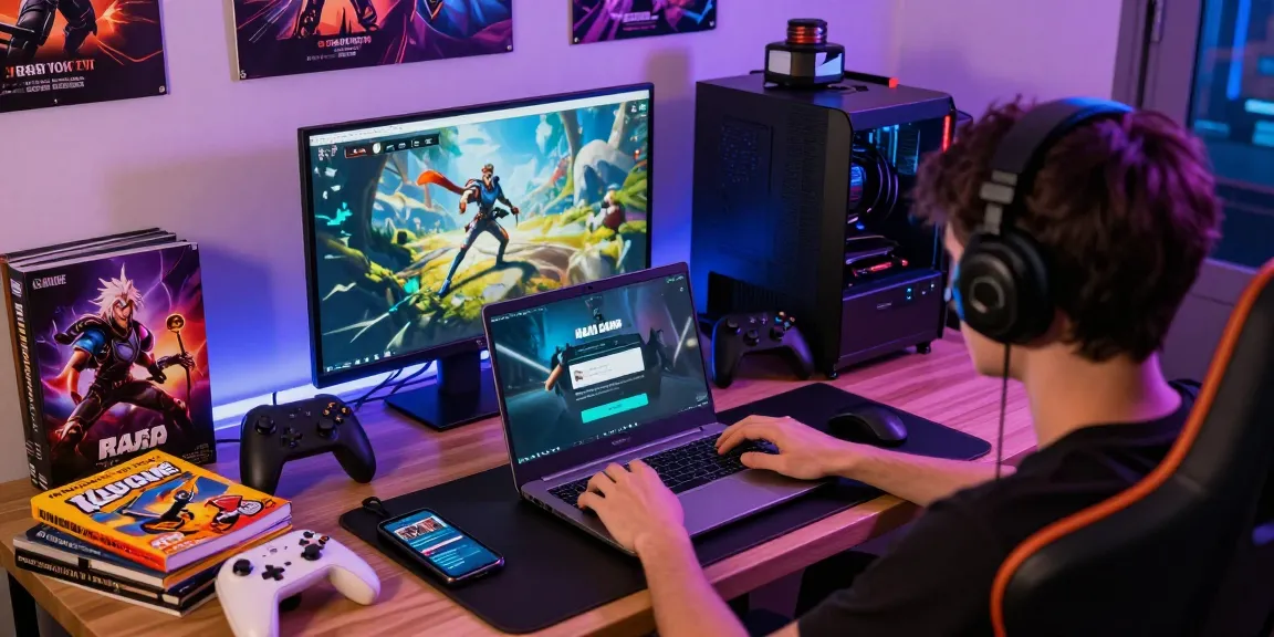 Raja Game login process on a sleek laptop in a vibrant gaming room with colorful merchandise and snacks