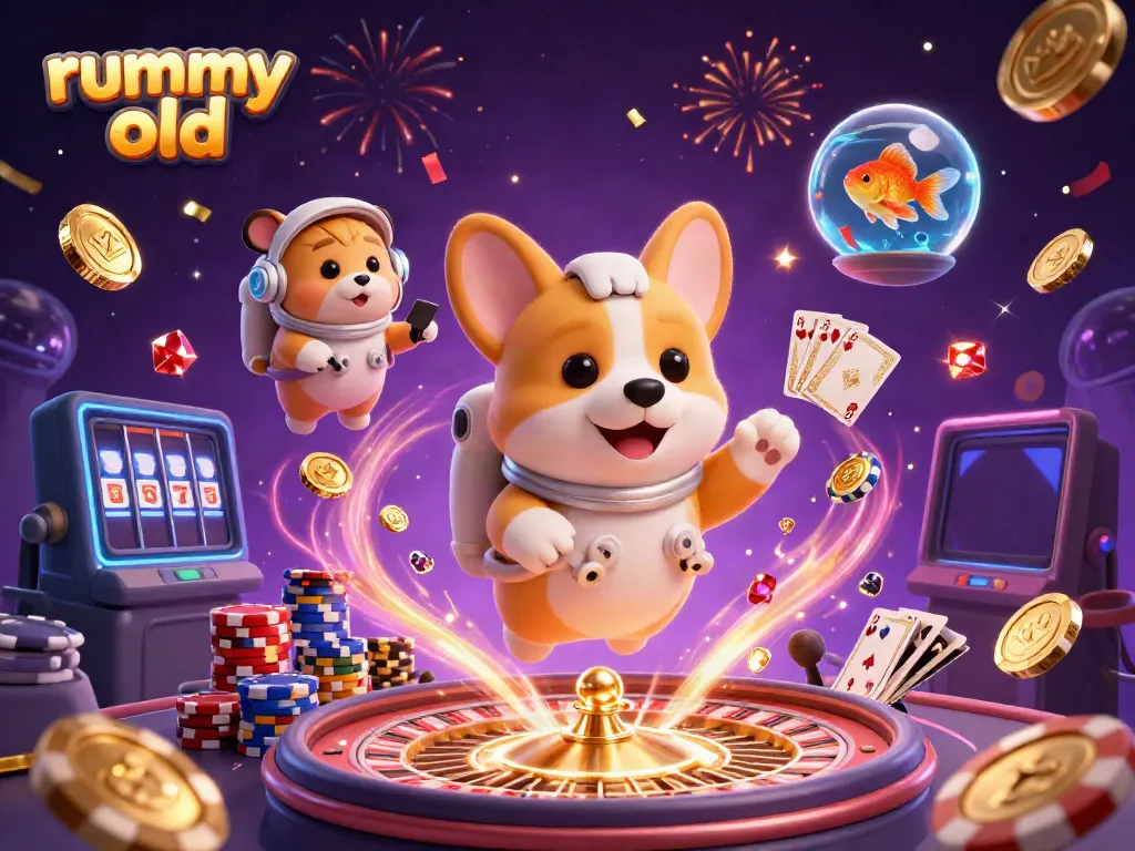 Permainan rummy old yang menampilkan karakter lucu dalam kasino luar angkasa yang mengambang, dikelilingi koin emas dan kartu remi.