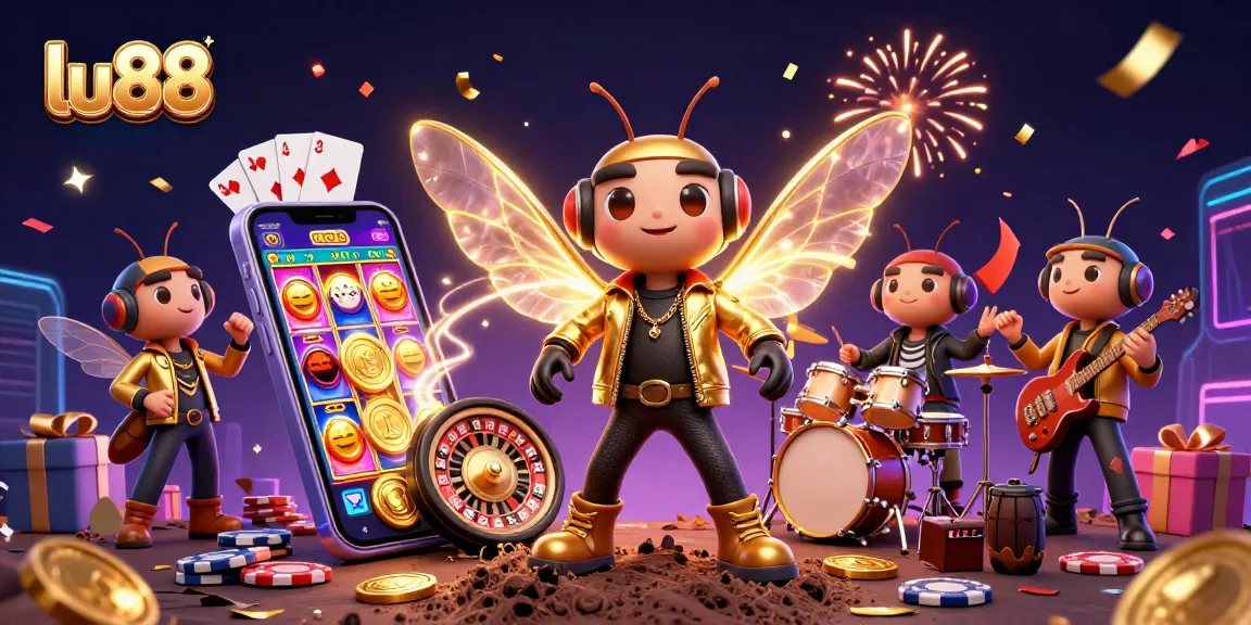 Experience thrilling wins at lu88 with vibrant casino games featuring a rock star in a dynamic digital illustration.