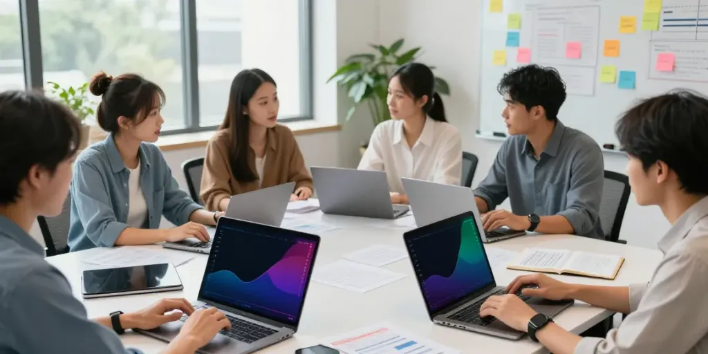 Team at https://jago108.com/ collaborating on digital marketing strategies with analytics dashboards.