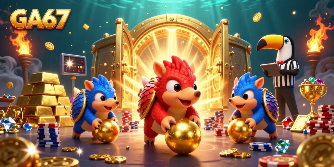GA67 features two rival pangolins bowling through poker chips, surrounded by shining treasures.