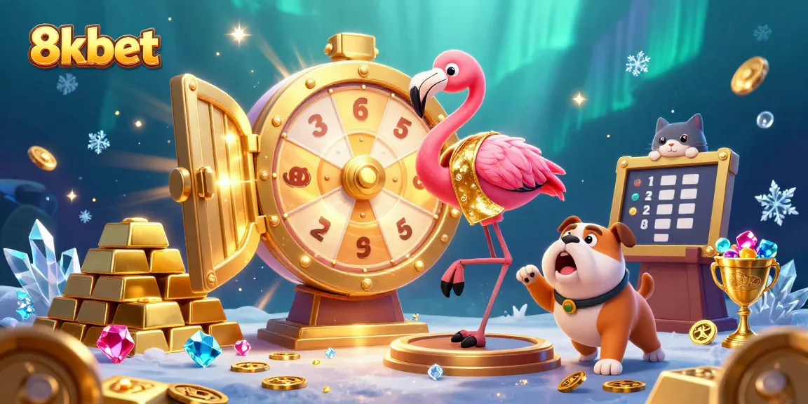 Experience exhilarating gaming with 8xbet, showcased in a dynamic 3D casino illustration featuring a golden prize wheel and playful characters.
