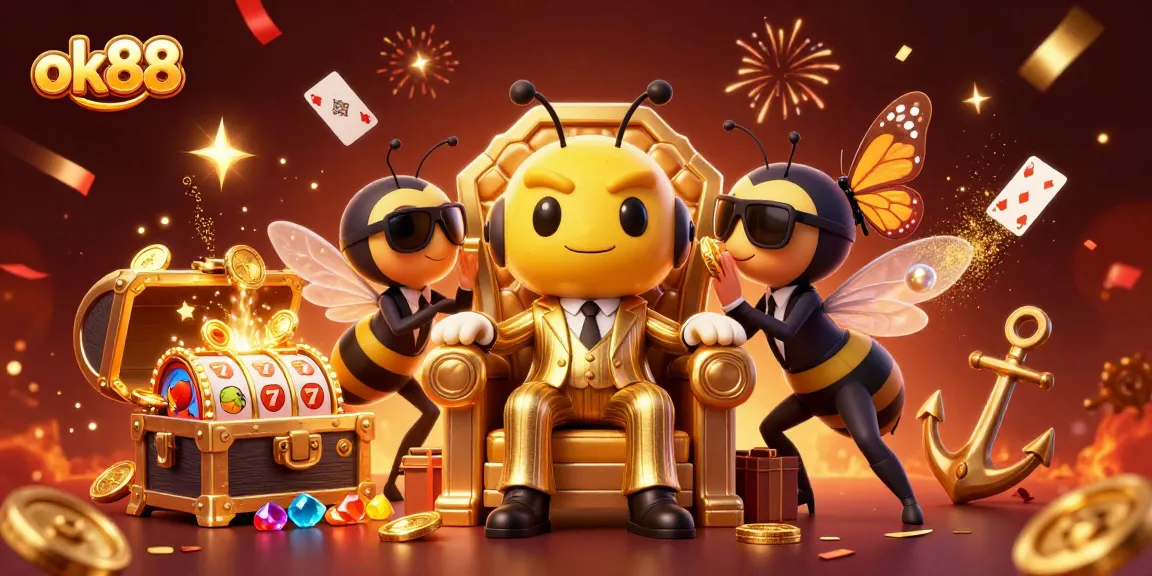 Experience fun with ok88's vibrant casino-themed illustration featuring animated characters and exciting elements.