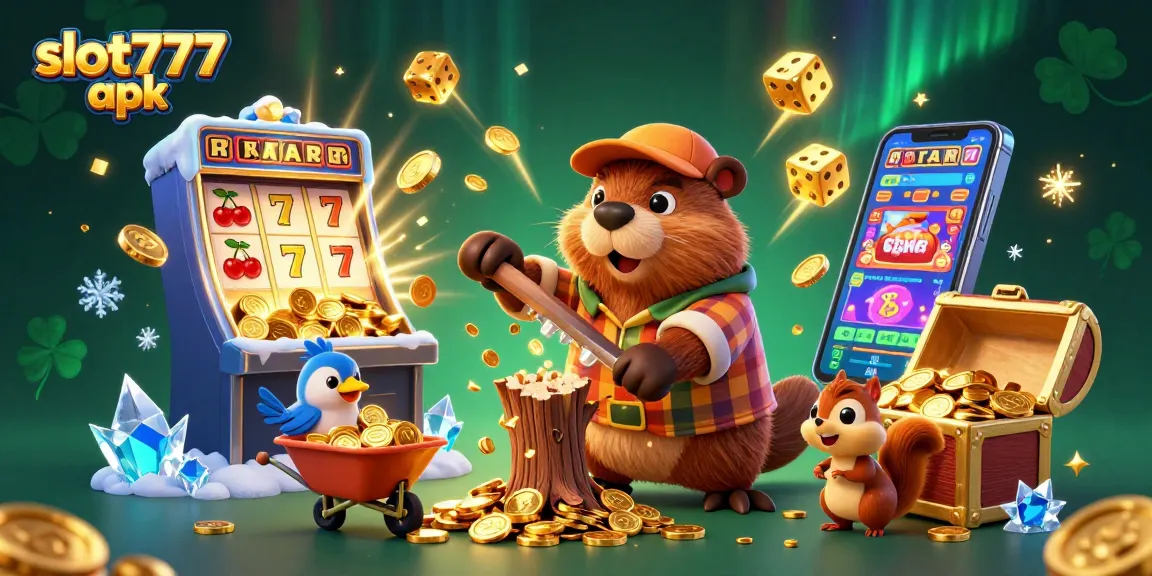 Spin and win with slot777 apk in a vibrant casino scene filled with coins and game symbols.