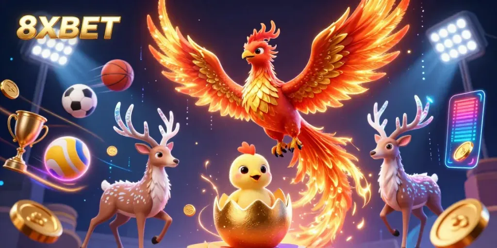 Engaging 3D scene illustrating 8XBET with a fire phoenix, baby chick, and mystical stag amidst dynamic sports elements.
