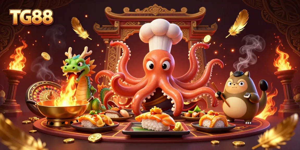 Engage with the vibrant atmosphere of TG88's casino world, featuring an octopus chef and exciting golden elements.