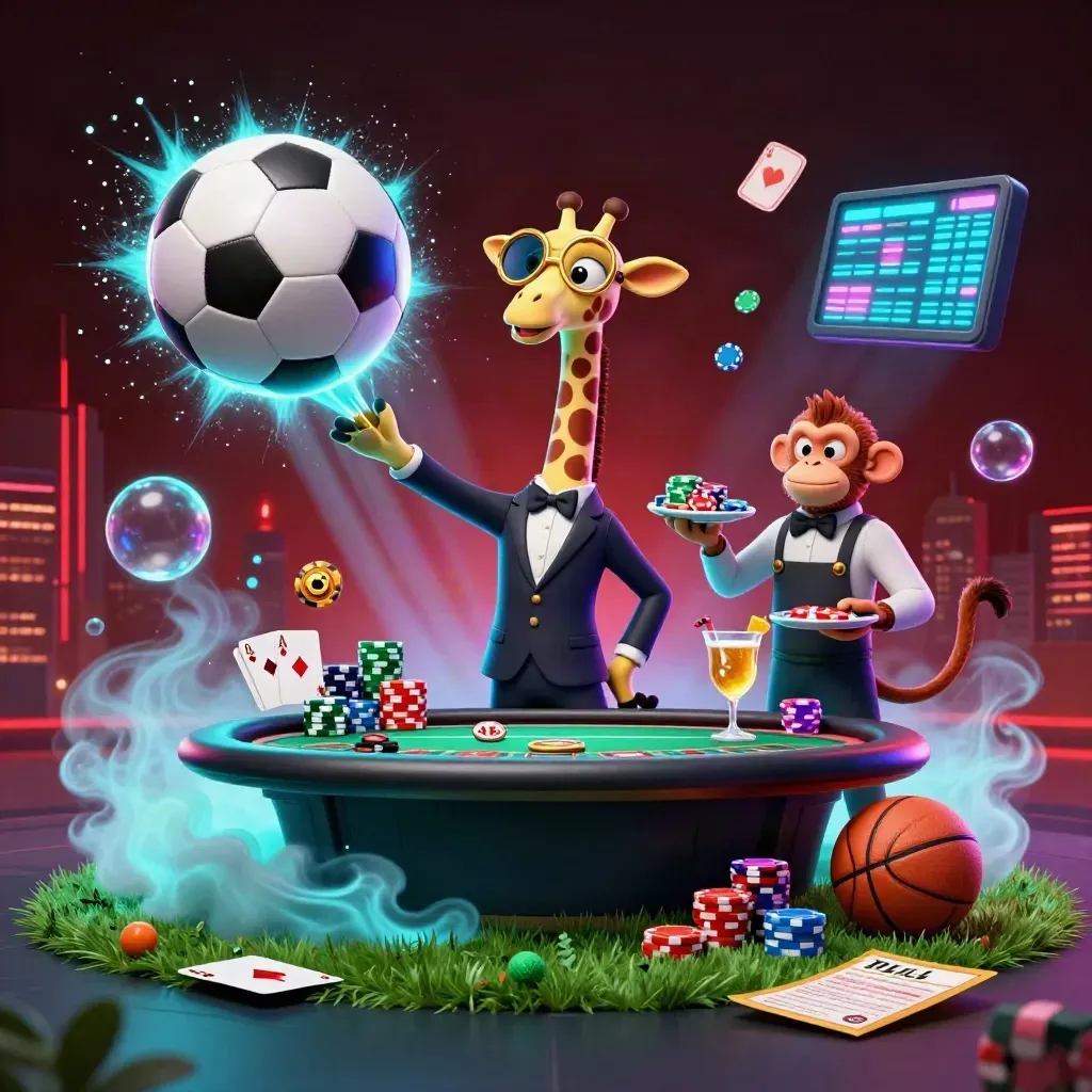 Neon casino-soccer scene with giraffe, monkey, chameleon, chips, ball, and glowing light
