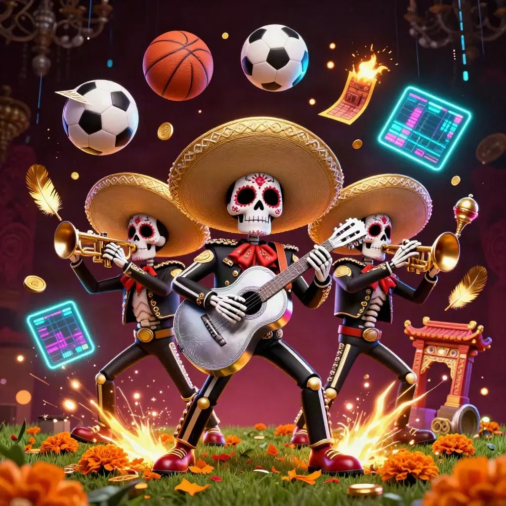 Skeleton mariachi trio amid flying balls, coins, petals, and neon casino energy.