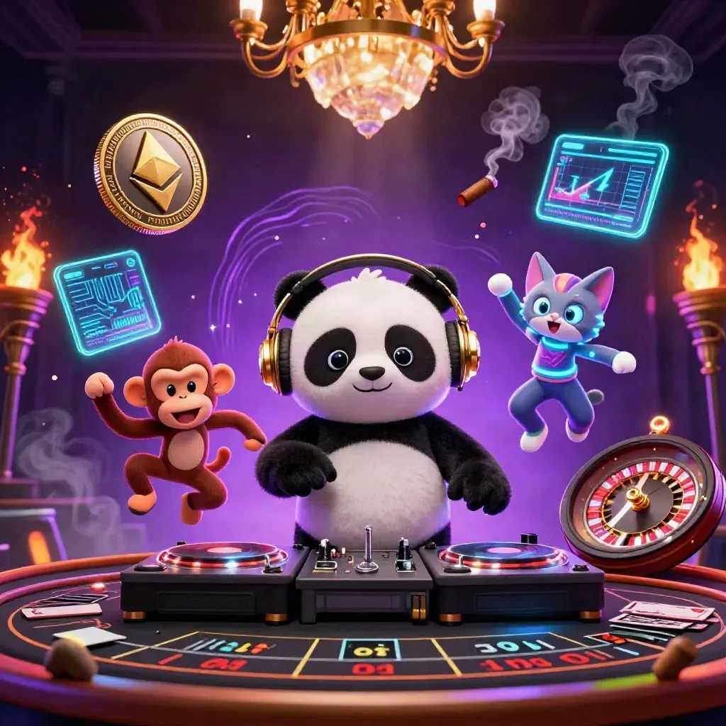 Panda DJ, breakdancing monkey, and neon kitten in a luxe casino room with floating crypto coins.