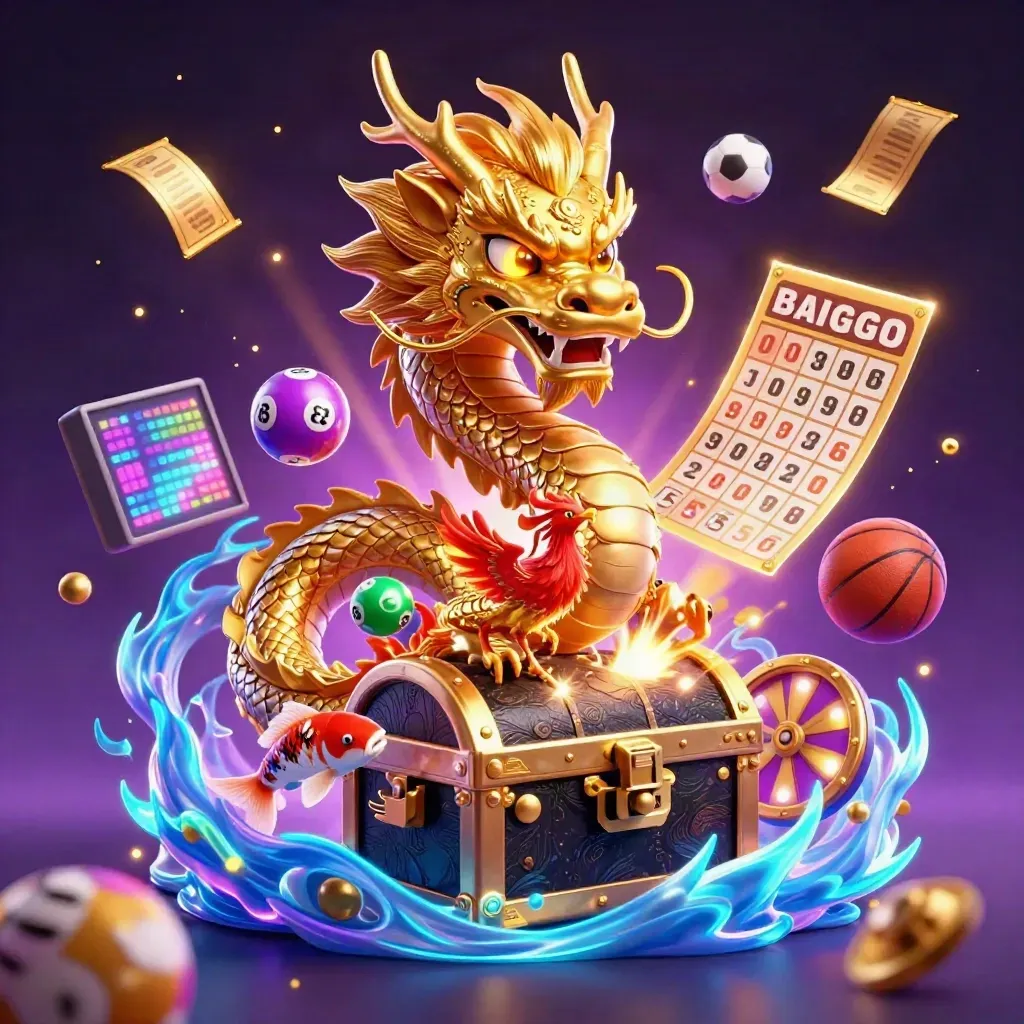 Golden dragon with phoenix, koi, and casino props in neon purple light