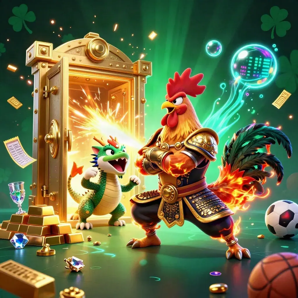 Rooster warrior, dragon hatchling and fortune cat amid gold, vault light and neon casino effects