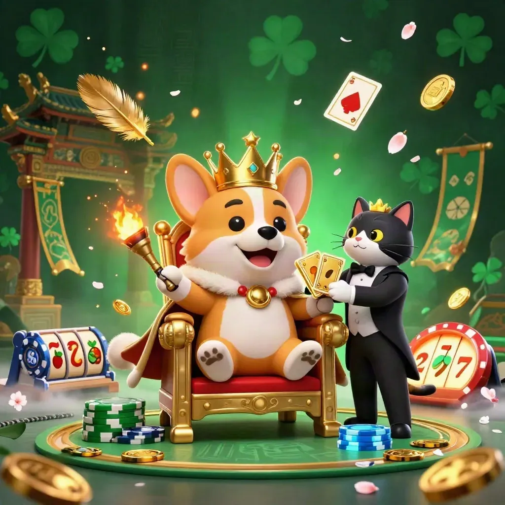 Royal corgi and cat butler on chip throne amid temple gate, coins, petals, neon blue casino chaos