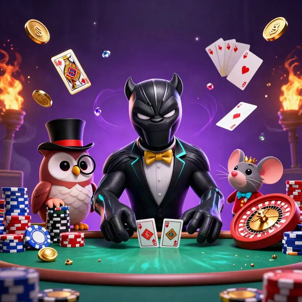 Panther, owl, and mouse in a neon casino tableau with cards, chips, coins, gems, and a spinning roulette wheel.