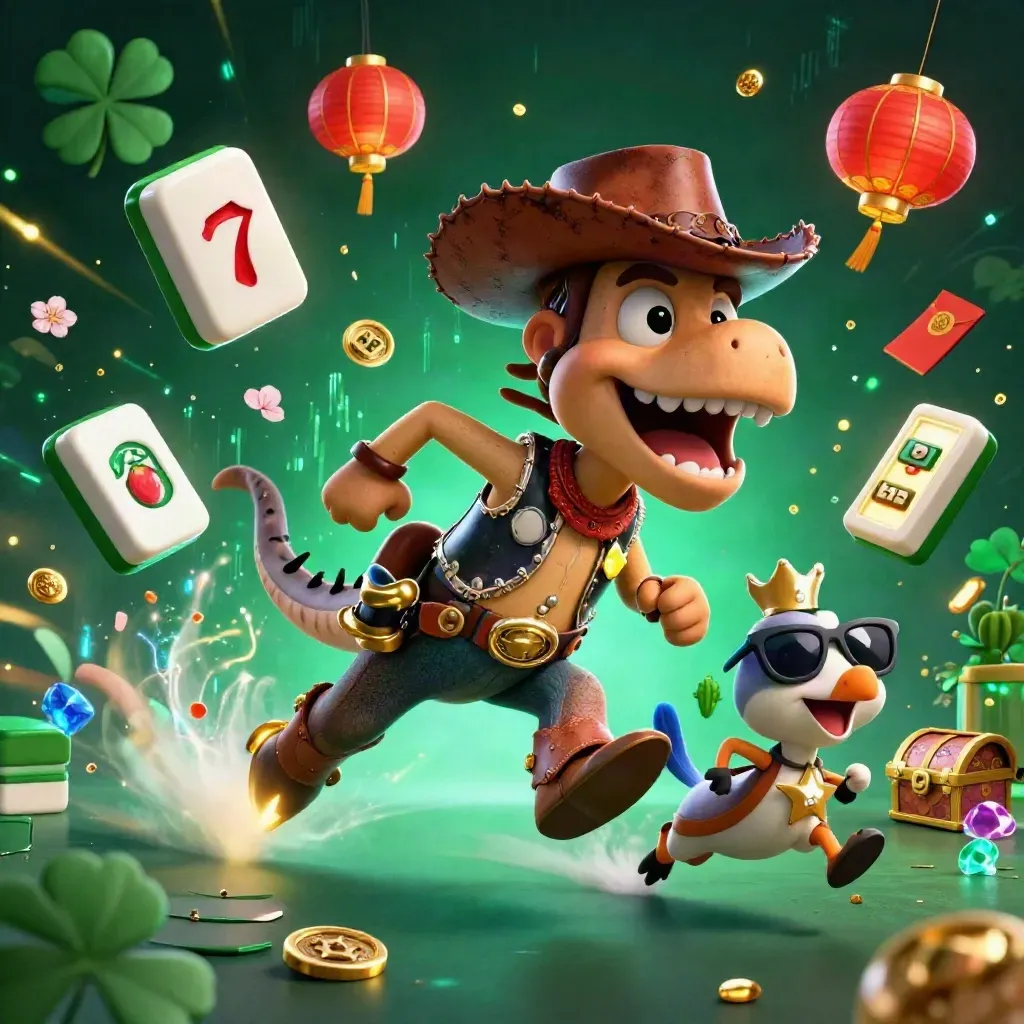 Cowboy T-Rex, cactus sidekick, and roadrunner burst through casino loot and neon energy.