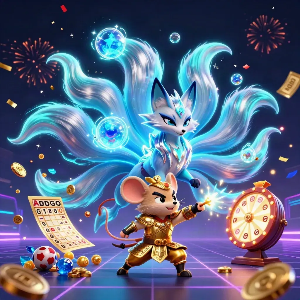 Nine-tailed fox spirit and armored mouse amid lottery balls, prize wheel, and blue neon casino magic