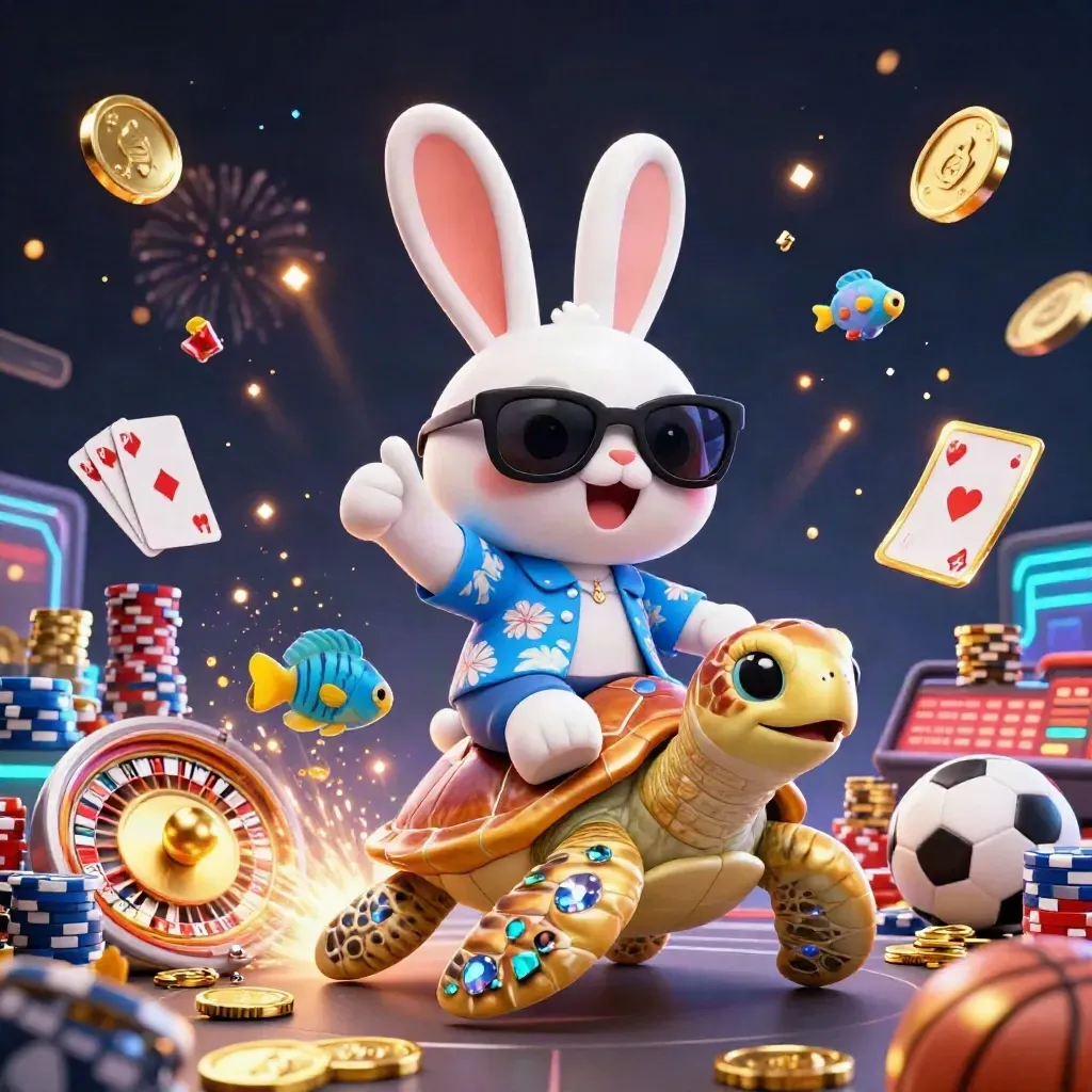 Rabbit on golden sea turtle amid coins, chips, cards, fireworks, and neon casino energy.
