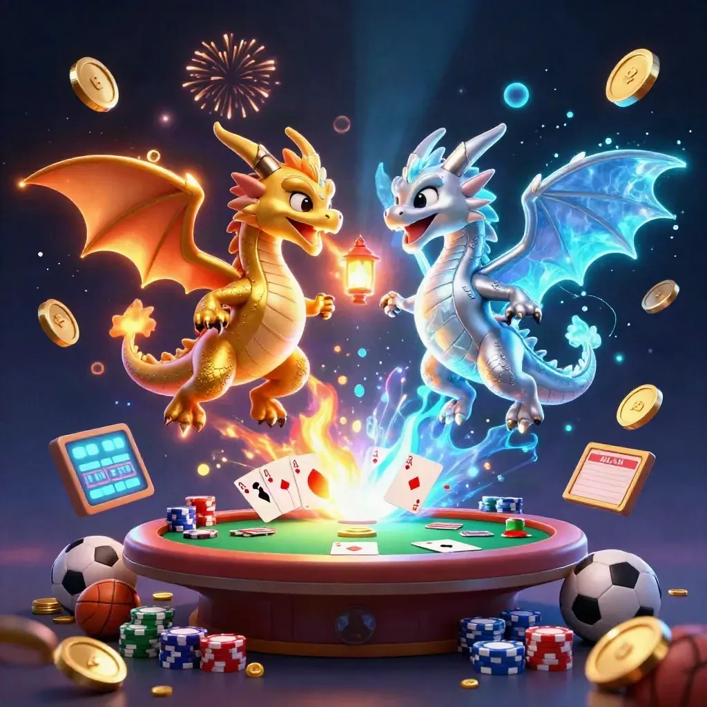Gold and silver dragons swirl around treasure, cards, chips, and a glowing vault celebration.