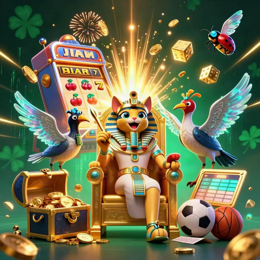 Pharaoh cat, ibis scribe, scarabs, slot burst, coins, chest, sports betting glow