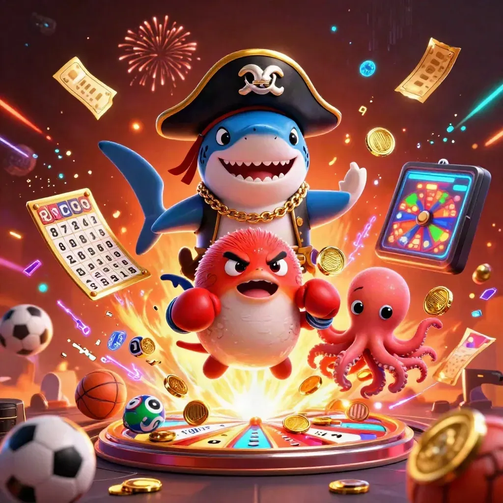Pirate shark, pufferfish, and octopus amid coins, lottery balls, fireworks, and neon casino effects.
