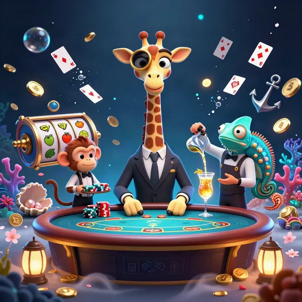 Giraffe high roller with valet monkey and chameleon bartender amid casino treasure effects.
