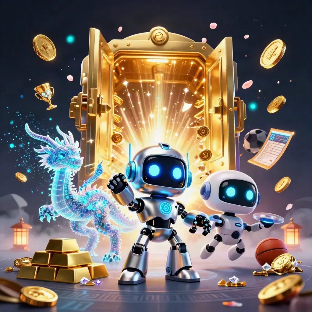 Cyberpunk robot, hologram dragon, and drone burst from a gold vault amid coins, gems, and fireworks.