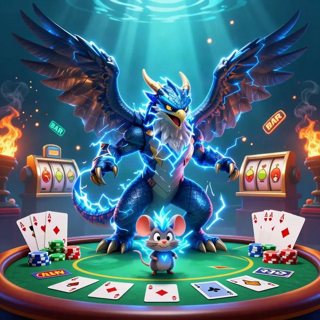 Thunder dragon, wind hawk, and static mouse amid poker chips, cards, and neon casino effects.