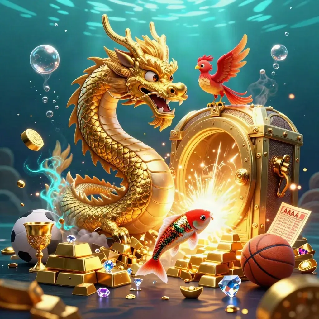 Golden dragon, phoenix, treasure, and sports balls in neon underwater casino light.