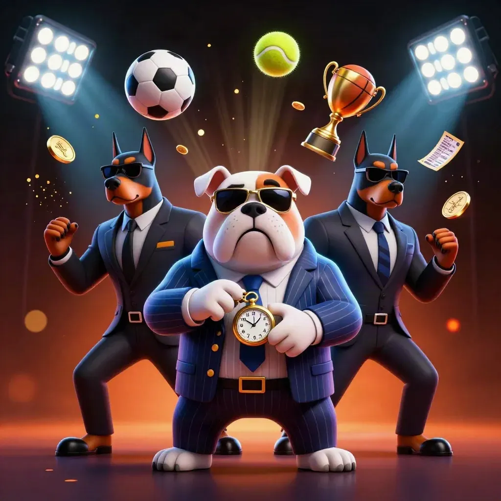 Bulldog boss and two Doberman guards amid coins, balls, trophy, and neon casino lights.