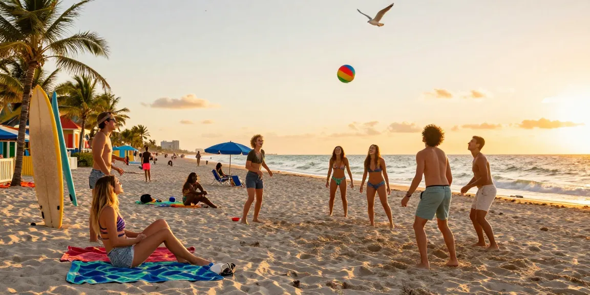 Suasana ceria di pantai Miami saat matahari terbenam, teman-teman bermain bola di https://miami4d.com/.