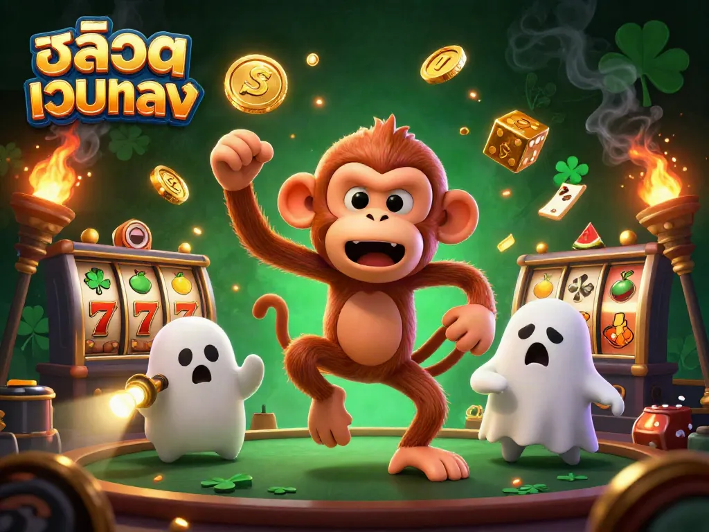 Experience the thrill of สล็อตเว็บตรง with a mischievous monkey juggler amidst slot reels and casino magic.