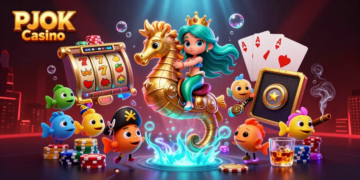 Experience the excitement of PJOK Casino with a vibrant underwater scene featuring a mermaid princess, giant seahorse, and casino elements.