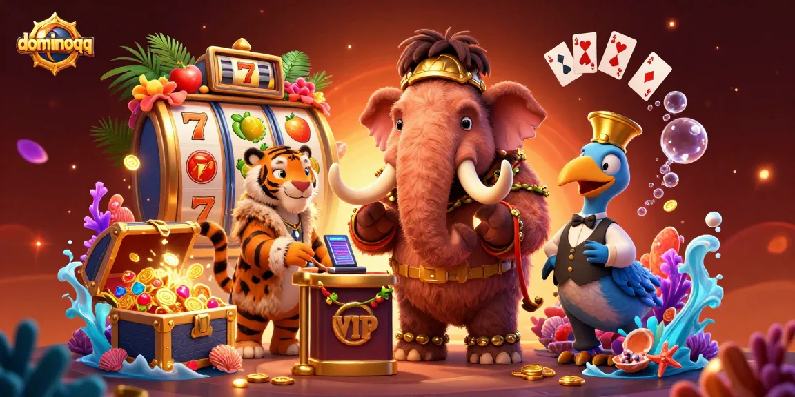Experience thrilling excitement with dominoqq at the vibrant casino entrance featuring a woolly mammoth bouncer checking IDs.