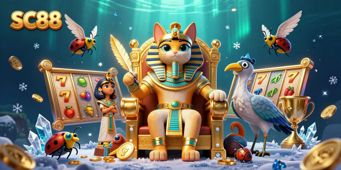 SC88 cat pharaoh winning in a dynamic casino scene filled with slot machines and treasure.
