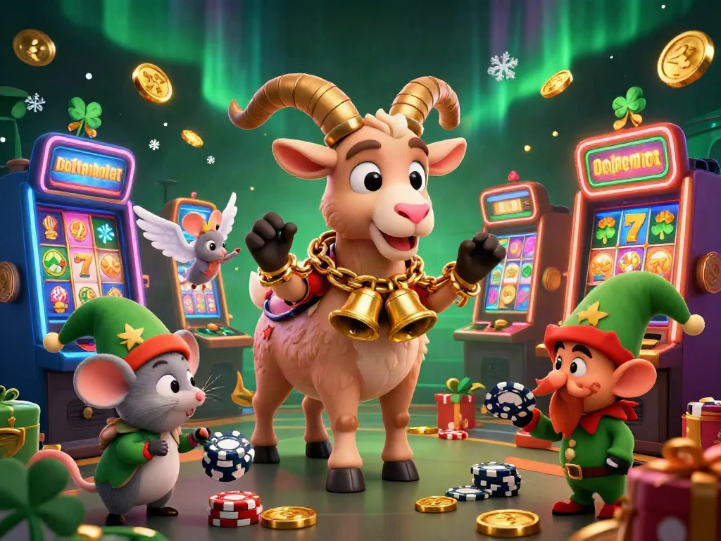 Engage with Daftar balisot in a lively casino scene featuring a Krampus goat and mischievous elves.