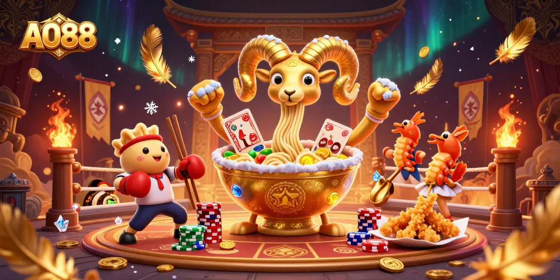 AO88 features a joyful giant golden ramen bowl dealing cards amidst a vibrant casino atmosphere.