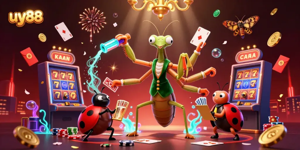uy88 showcases a vibrant casino scene with a praying mantis dealer and lively slot machines.