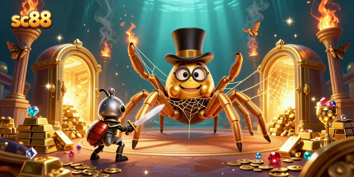 sc88 captures a vibrant casino scene with a golden tarantula and beetle knight amidst treasure.