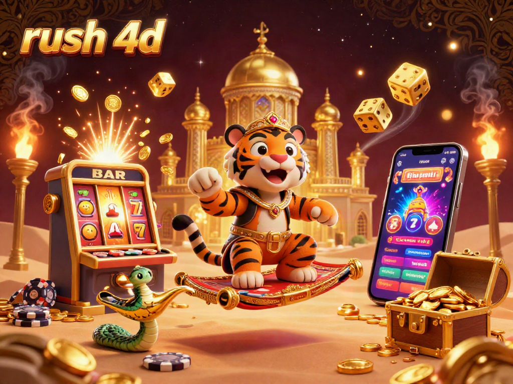 Mengambil momen menang di rush 4d dengan slot mesin dan simbol keberuntungan yang menari di udara.
