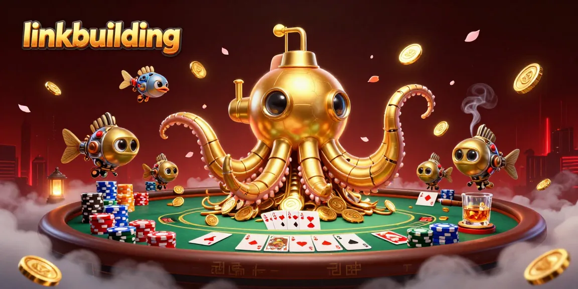 Experience linkbuilding excitement with golden kraken submarine and poker elements in a dynamic casino scene.