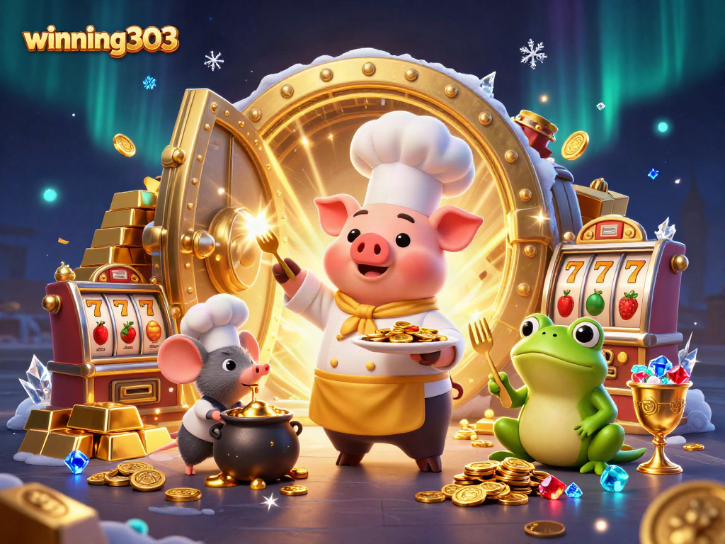 Winning303 showcases an engaging 3D scene of characters surrounded by slot machines and treasure.