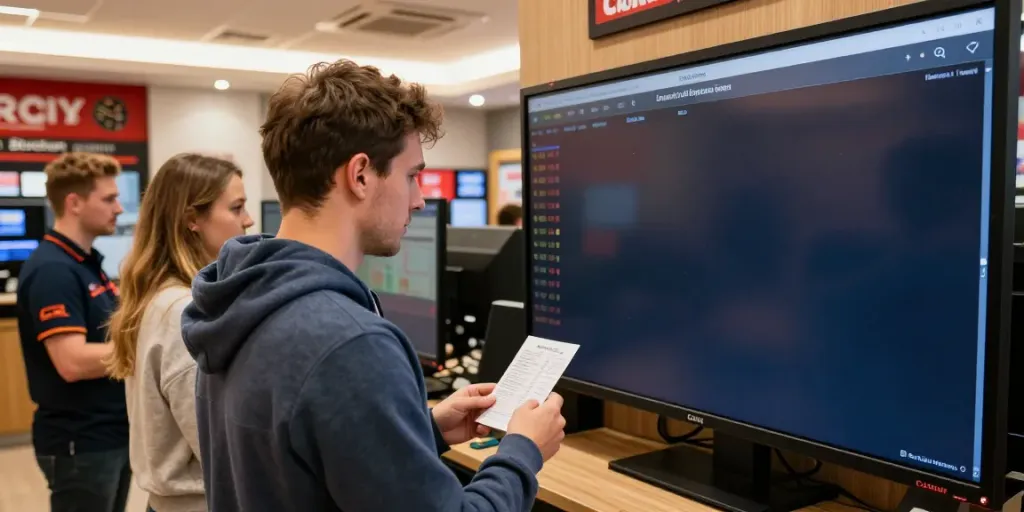 Engaged customers reviewing licensed betting operators Lithuania in a modern betting shop.