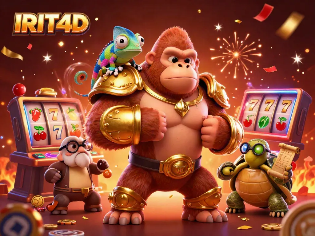 Experience thrilling gaming with IRIT4D as characters celebrate amidst jackpot slot reels and vibrant casino energy.